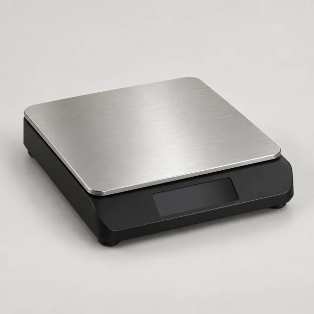 Una báscula digital de cocina con plataforma de acero inoxidable.