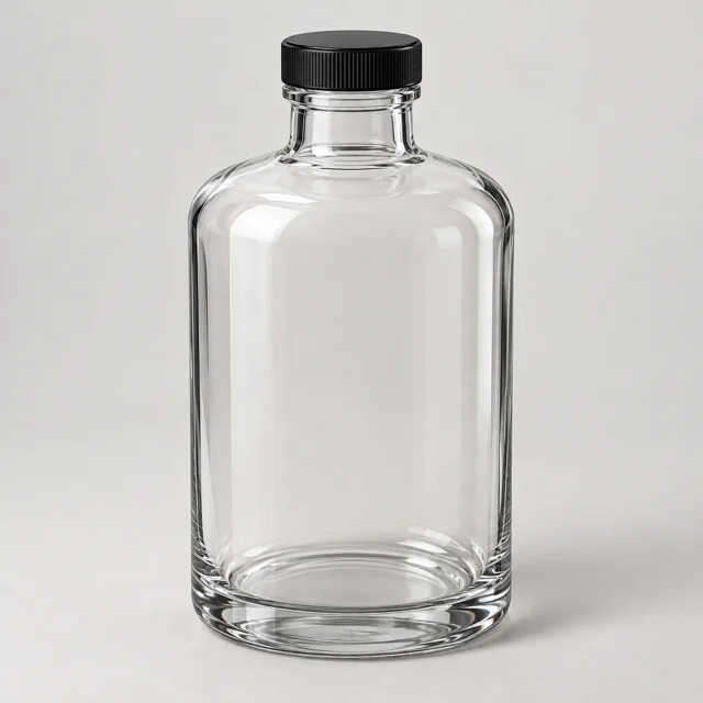 Una botella grande y transparente para preparar lotes, con tapa de rosca.