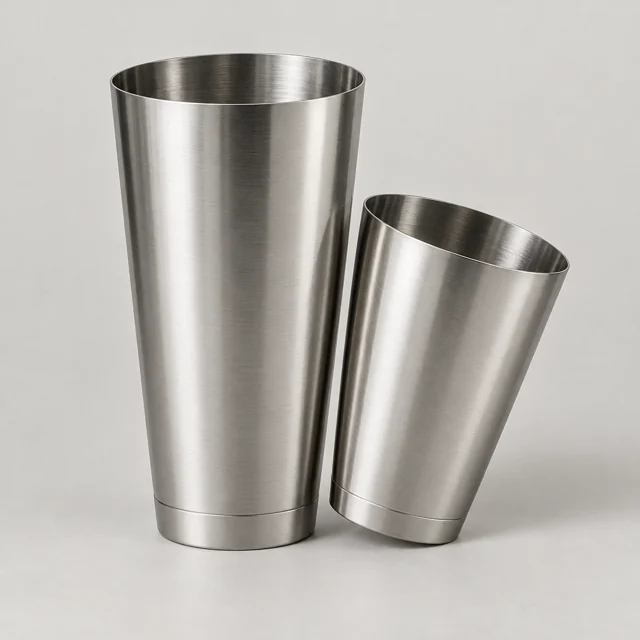 Un par de vasos de acero inoxidable para coctelera Boston.