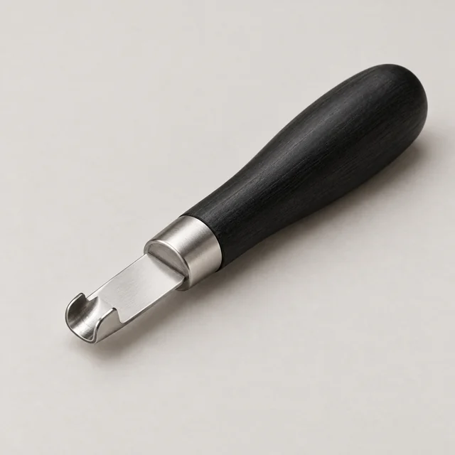 Un cuchillo acanalador para cítricos con un pequeño cabezal de corte con muesca.