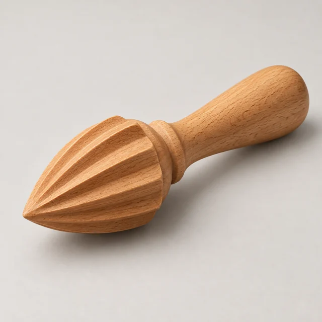 Un exprimidor estriado de madera para cítricos.