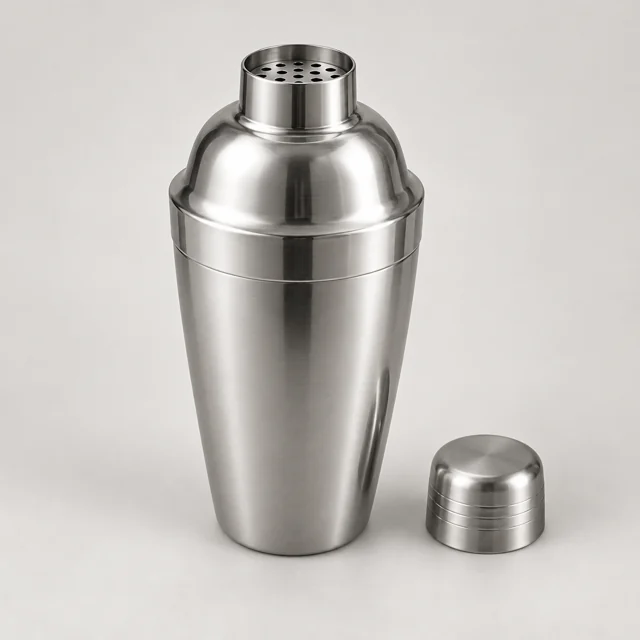 Una coctelera de tres piezas con el tapón retirado.