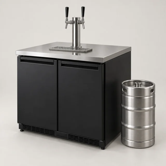 Un mueble dispensador de bebidas de barril con dos grifos y un barril.