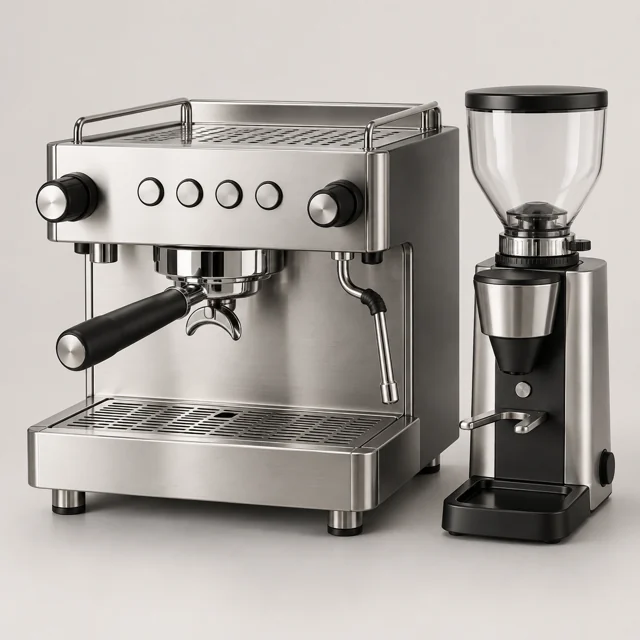 Una máquina de espresso y un molinillo de café independiente.