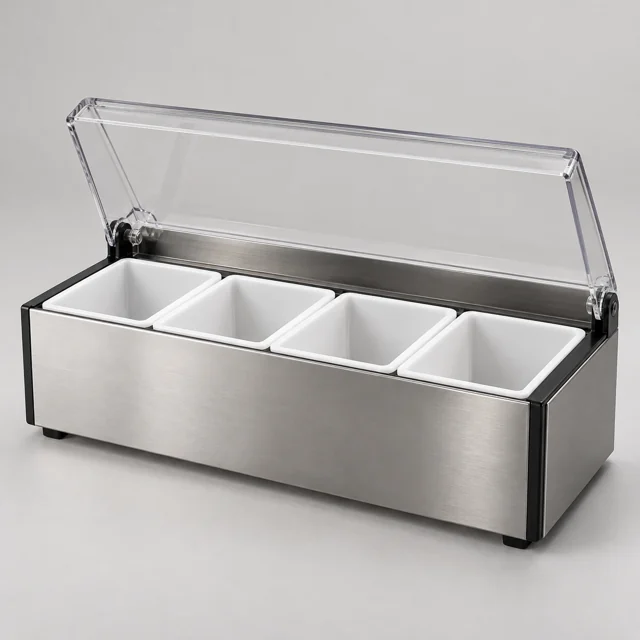 Un organizador de decoraciones con tapa y compartimentos extraíbles.