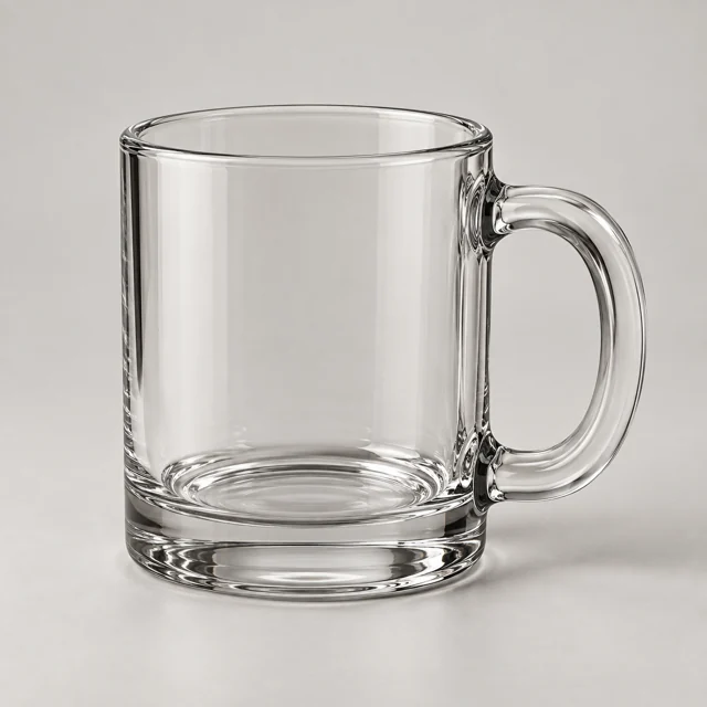 Una taza transparente con asa, vacía.