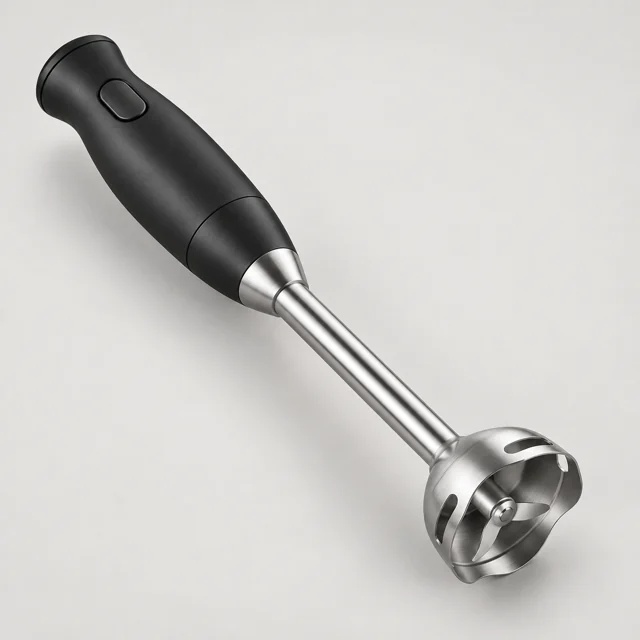 Una batidora de mano con brazo de acero inoxidable.