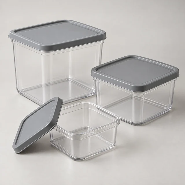 Recipientes transparentes con tapa para almacenar ingredientes.