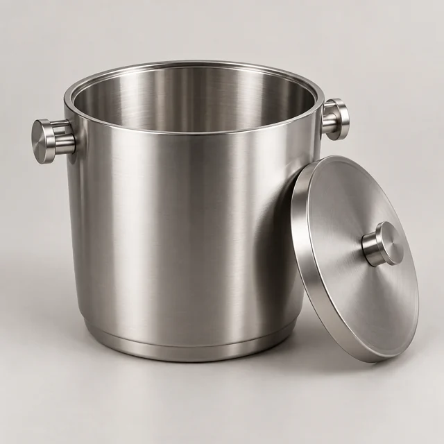 Una cubitera térmica de acero inoxidable con tapa.