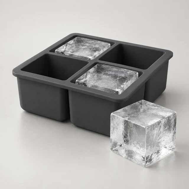 Un molde de silicona para cubos grandes con hielo transparente.