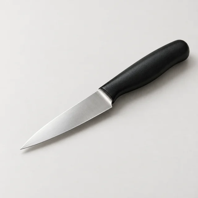 Un cuchillo pequeño de cocina con mango negro.