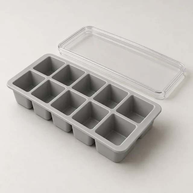 Una bandeja para cubos de hielo con su tapa transparente.