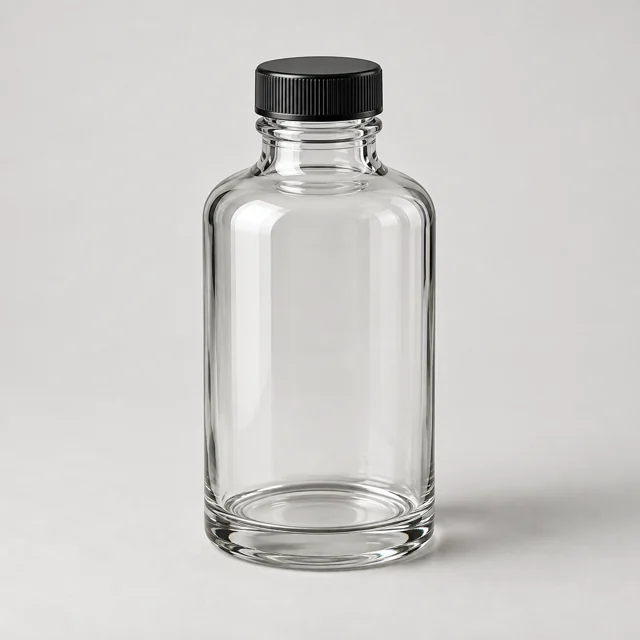 Una botella transparente vacía para jarabe, con tapa de rosca.