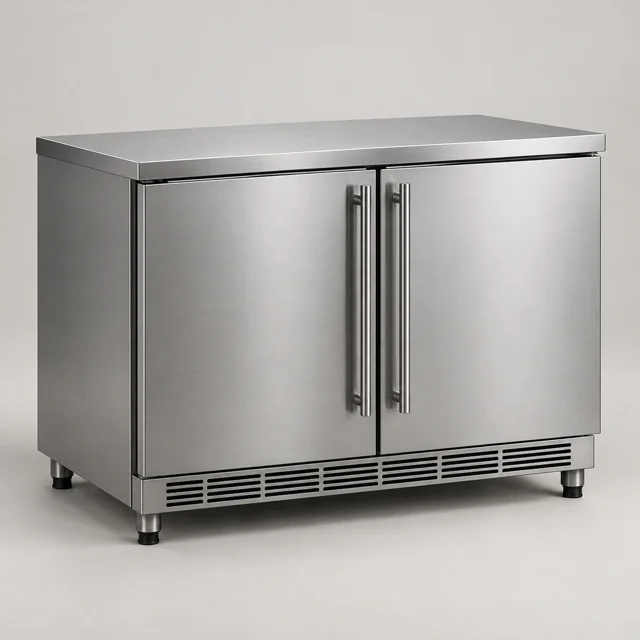 Un refrigerador de acero inoxidable de dos puertas para debajo de la barra.