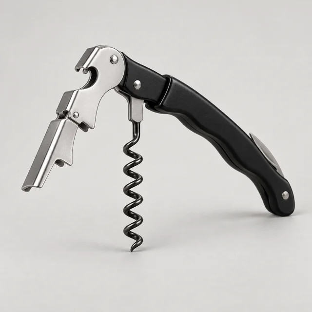 Un sacacorchos de camarero con la palanca y la espiral desplegadas.