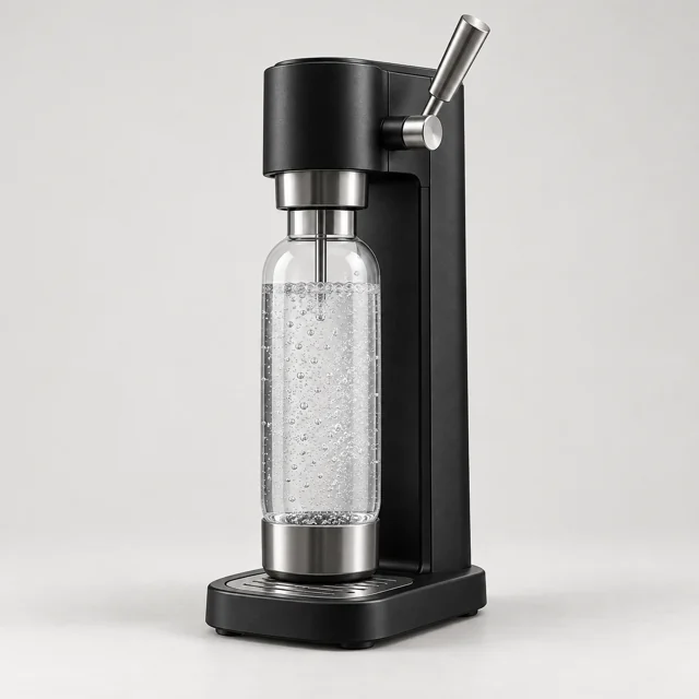Una máquina de agua con gas de sobremesa con la botella colocada.