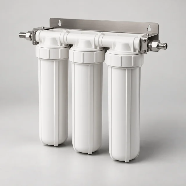 Un conjunto de filtración de agua para bebidas con tres cartuchos.