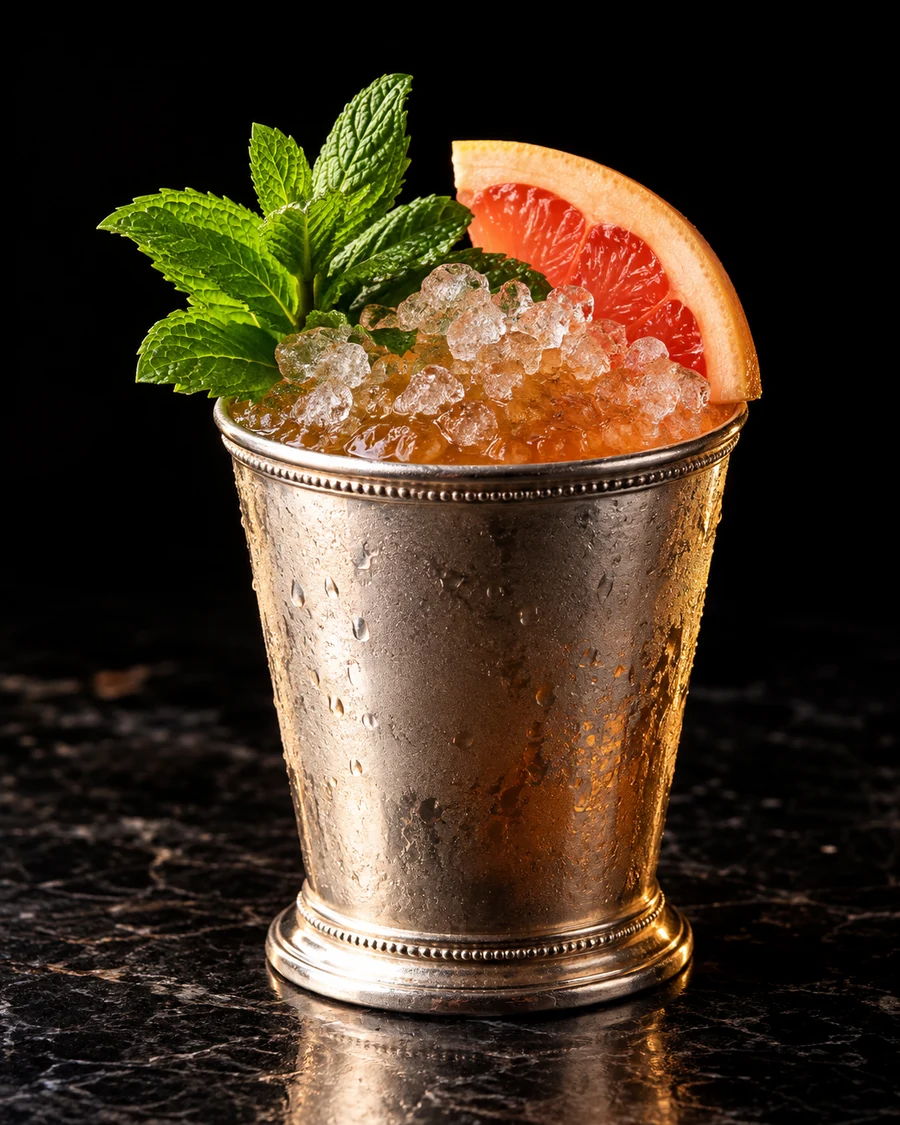 100-pt Julep. Metal julep cup, fresh crushed ice with amber body visible at top, mint sprig and grapefruit slice.