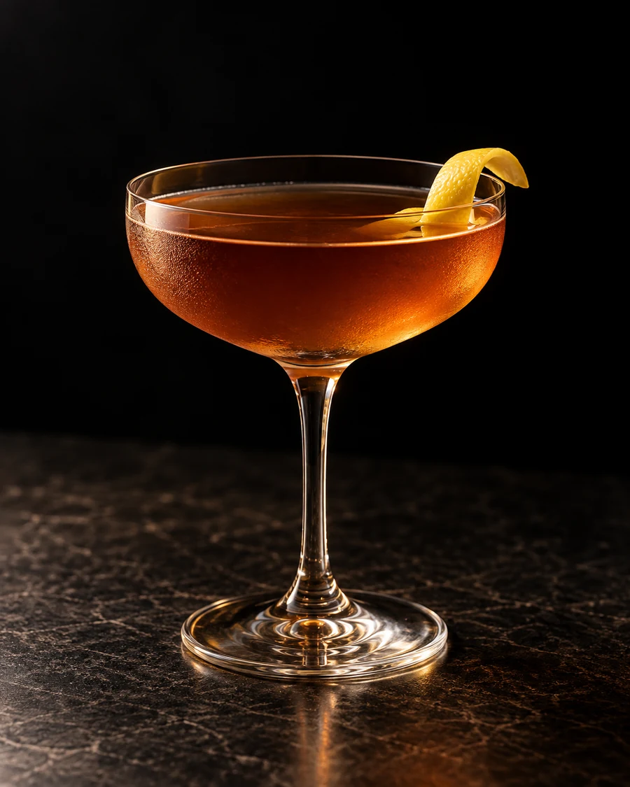 1790: Amber-brown drink in a coupe, lemon twist and no serving ice.