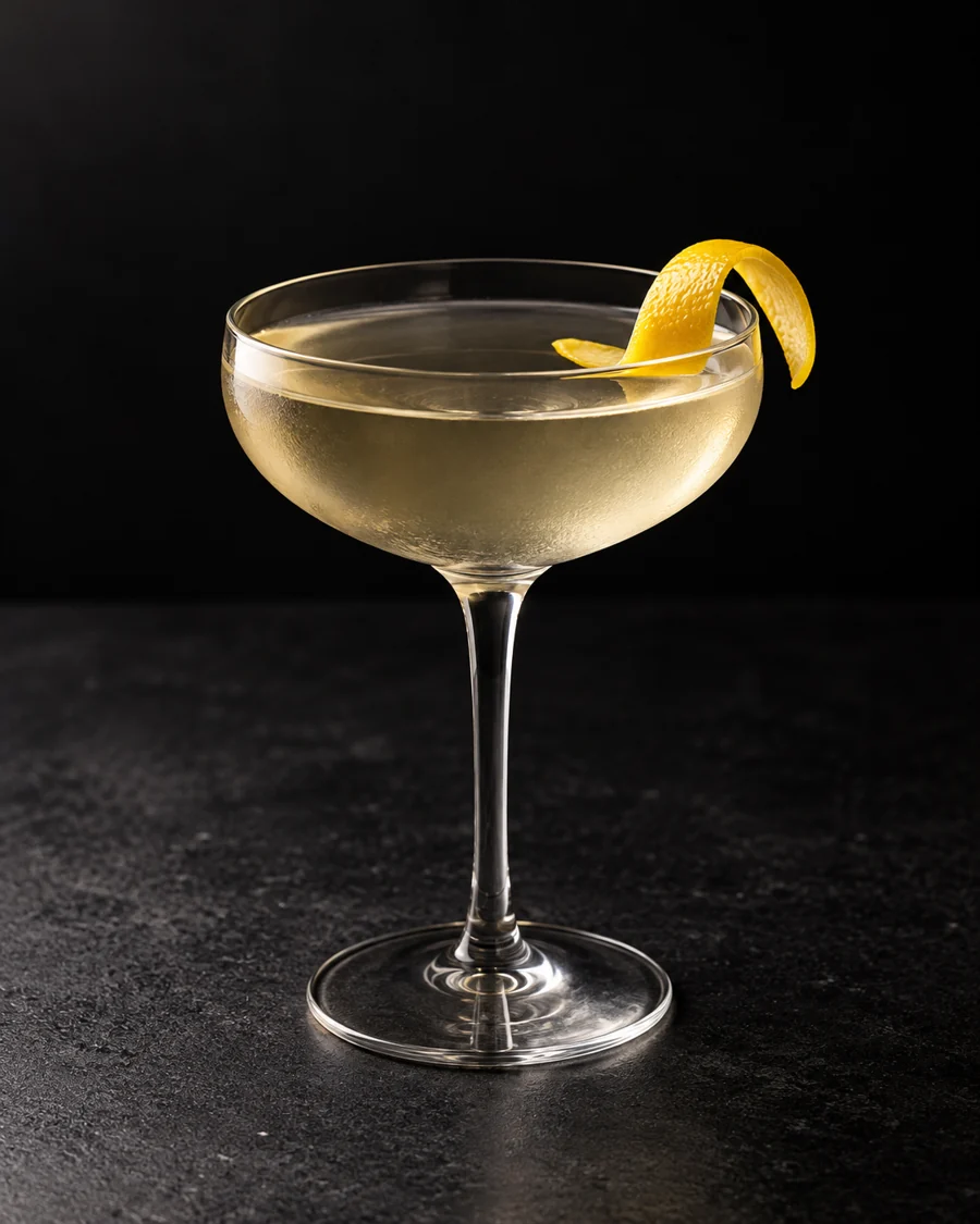 clear pale straw 24 de Enero in a coupe with lemon twist, no ice.