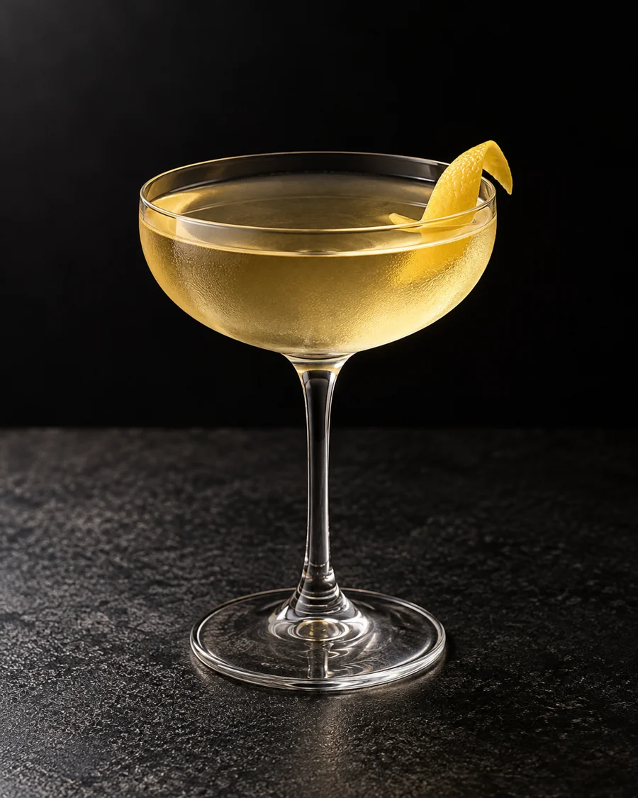 clear pale golden 600,000 Pesos in a coupe with lemon twist, no ice.