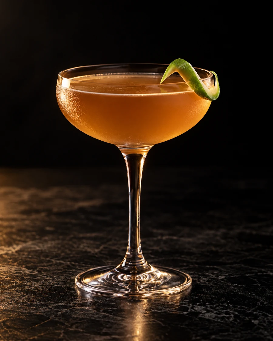 68 Guns: Amber cocktail in a stemmed coupe with a green lime twist, served without ice.