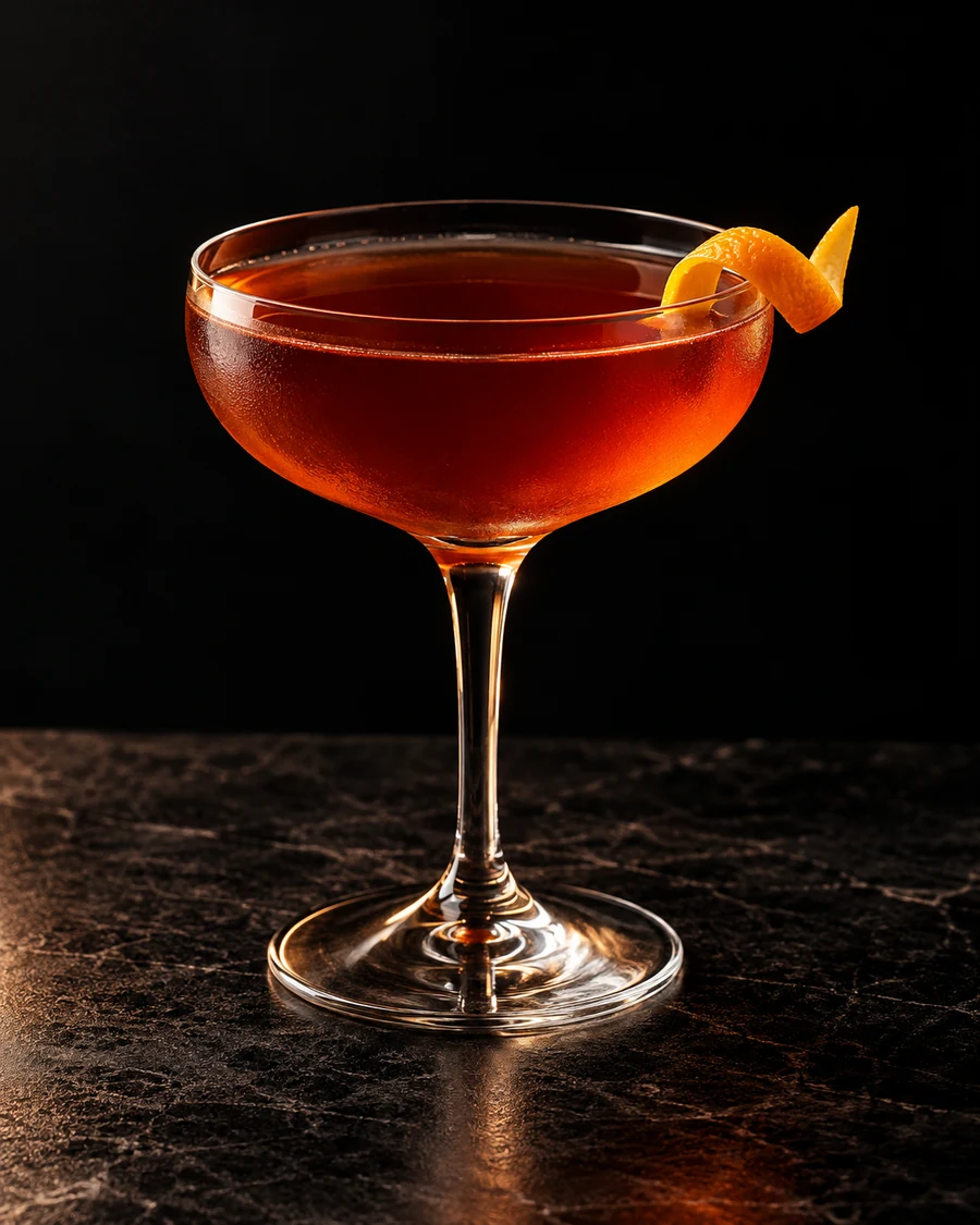 8Th Arrondissement: Reddish-amber cocktail in a chilled coupe without ice, with an orange twist.
