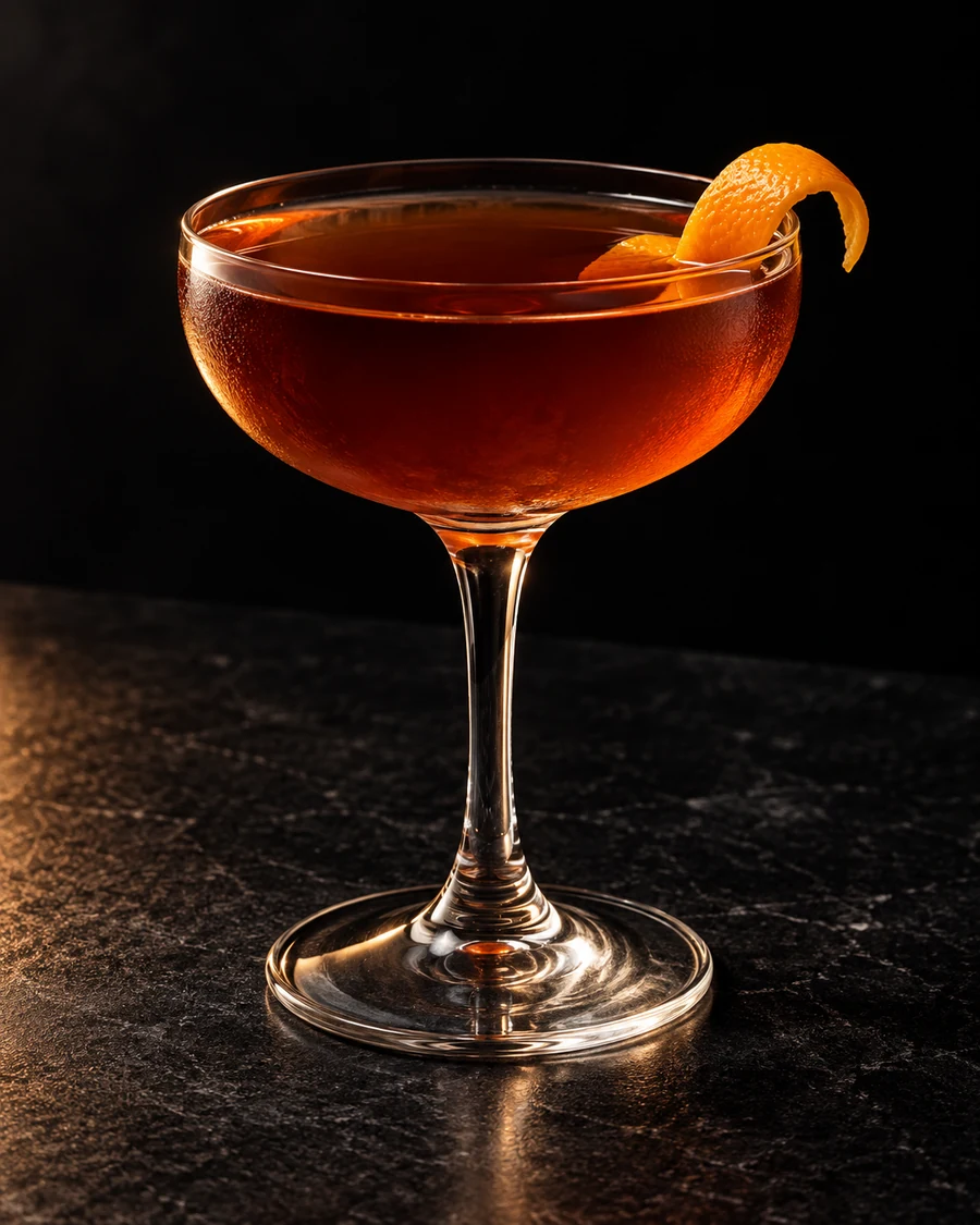 A Six For A Nine: reddish-amber cocktail in a chilled stemmed coupe, served without ice with a curled orange twist.