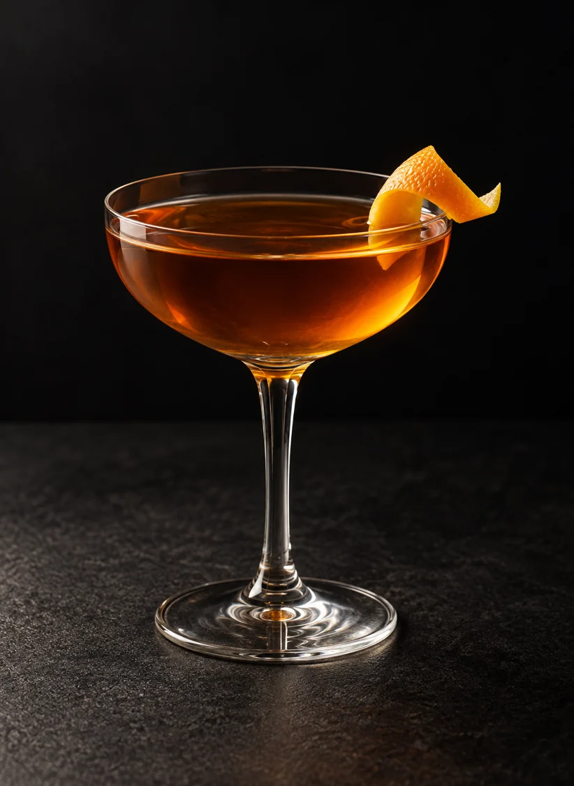 clear amber Accidental Cocktail in a coupe with orange twist, no ice.