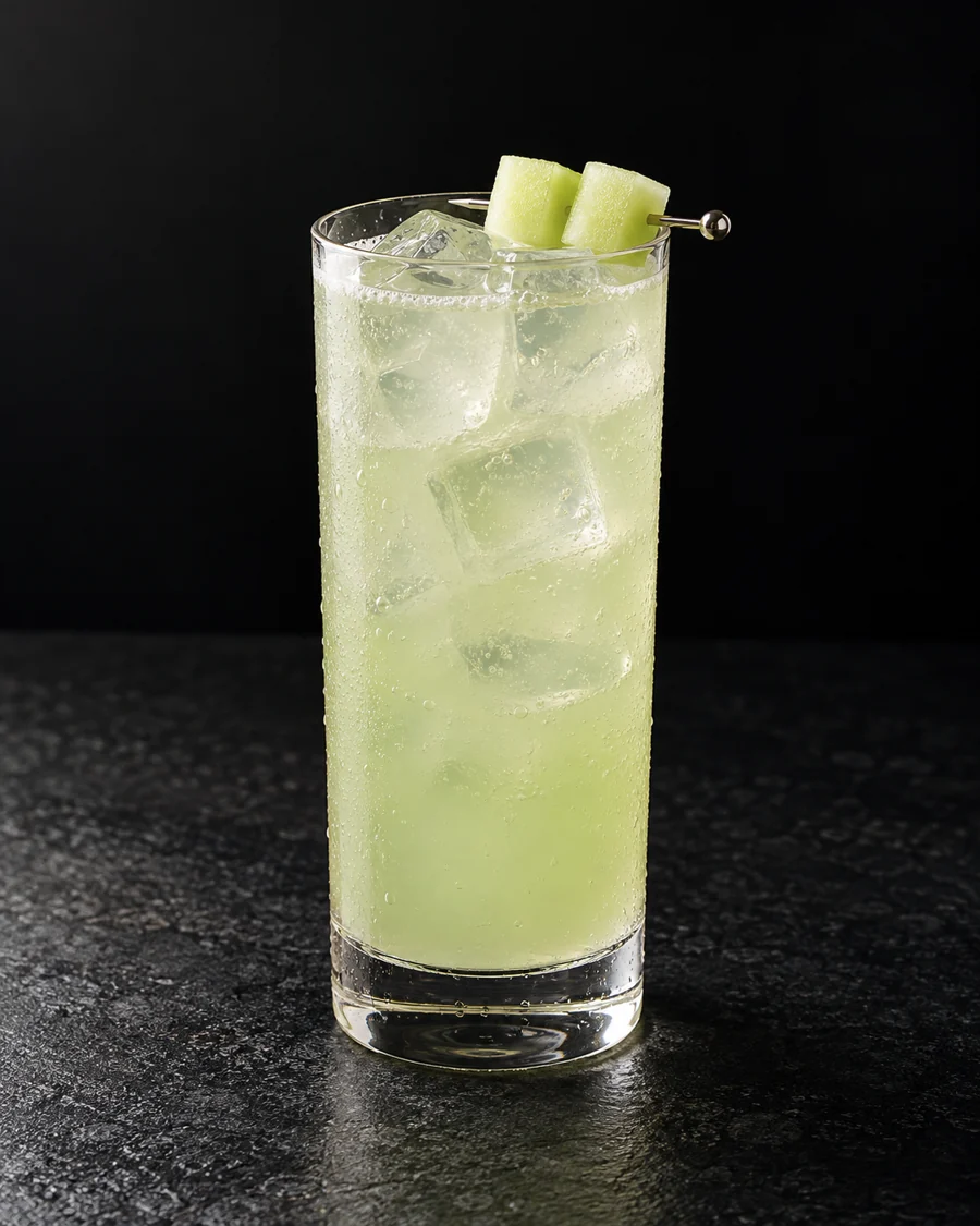 pale cloudy green Ace’s Motive in a Collins glass over ice with two small honeydew pieces on a pick.