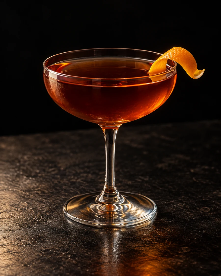 Ada Lovecraft: Deep amber-brown drink in a coupe, orange twist and no serving ice.