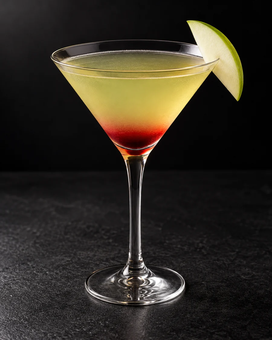 Pale green-gold Adams Apple in a martini glass, red grenadine at the base, apple slice, no ice.