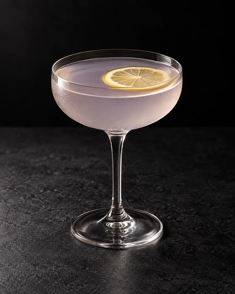 Pale lilac Adelita in a chilled coupe with lemon wheel, no ice.