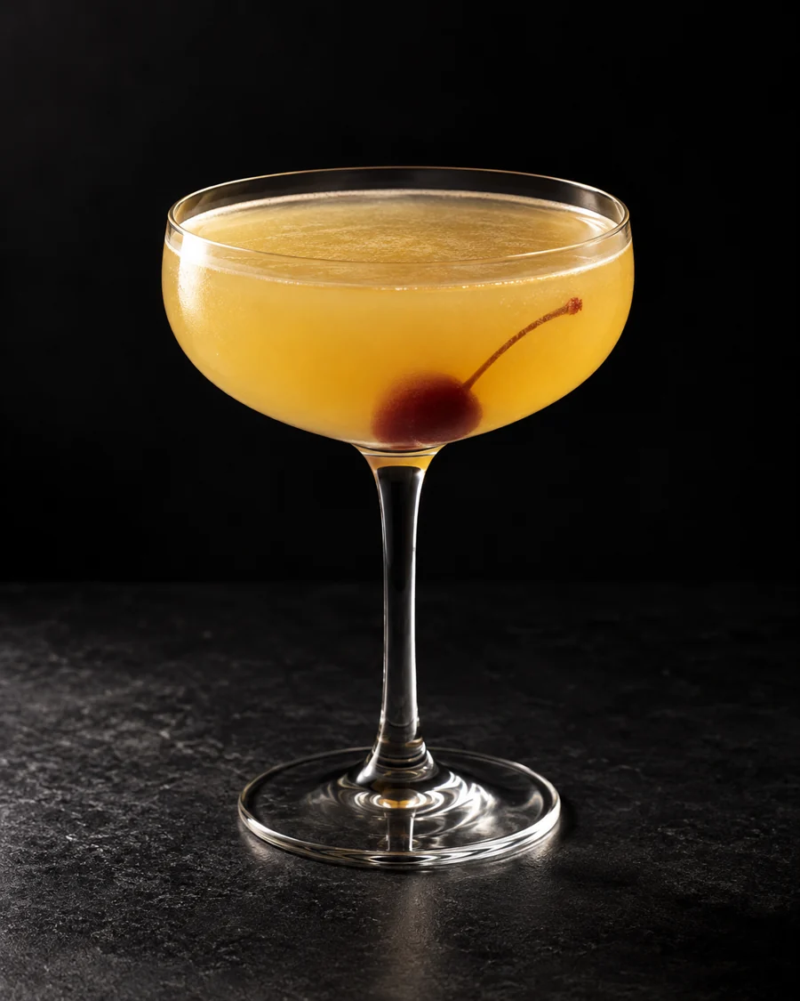 Cloudy golden Adjacent Penthouse in a coupe with one cocktail cherry, no ice.