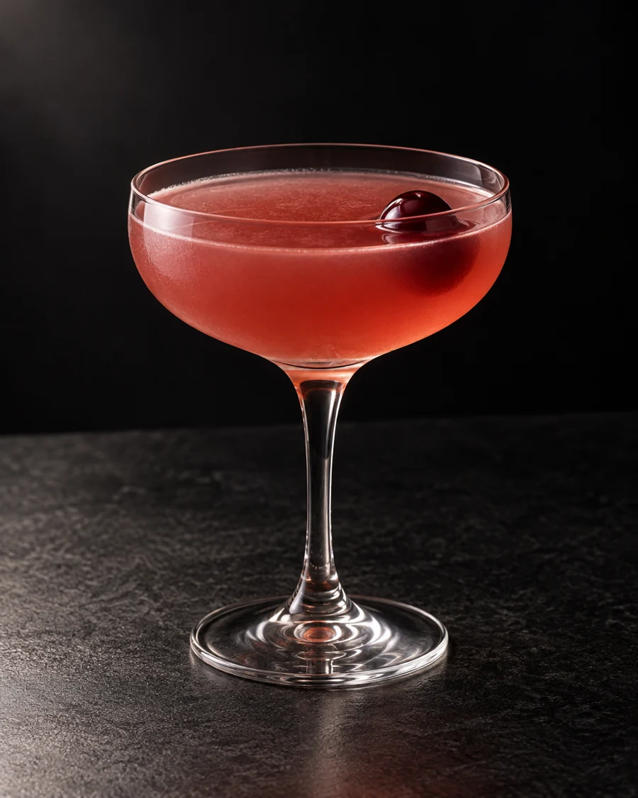 lightly cloudy pale ruby Admiral in a coupe with one cherry, no ice.
