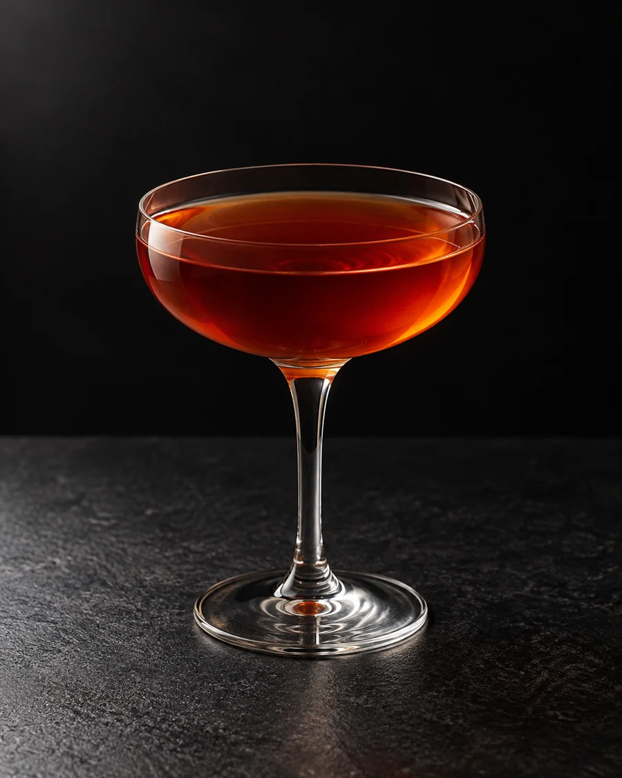 Clear reddish amber cocktail in a coupe, without ice or garnish.