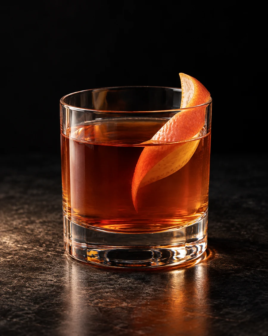 Adventures Close To Home: Amber-brown drink in a rocks glass, grapefruit twist and no serving ice.