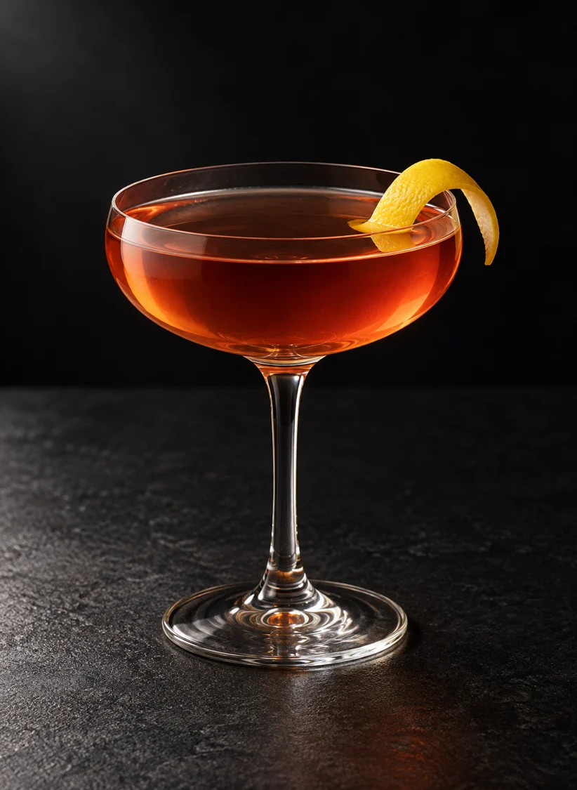 clear rose-amber Affaire de Familie in a coupe with lemon twist, no ice.