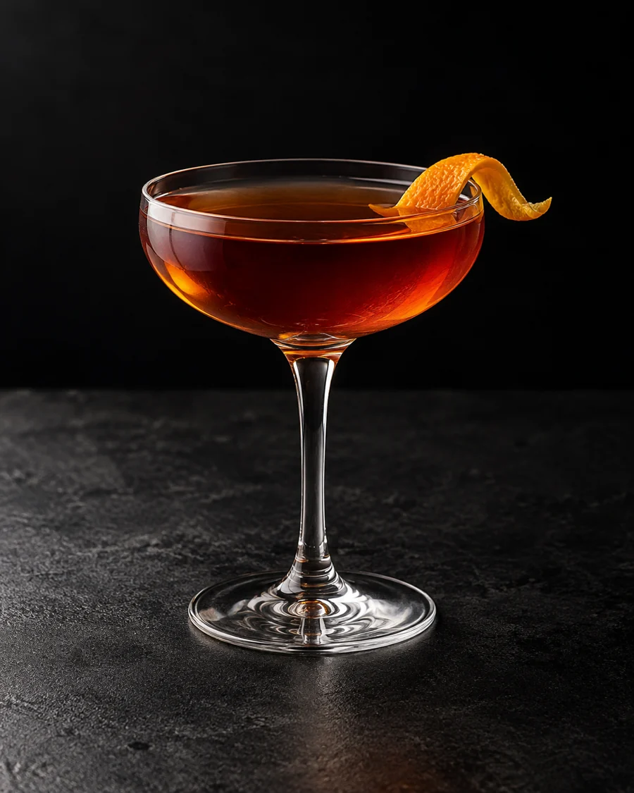 Clear amber-red Affinity in a coupe with orange twist and no ice.