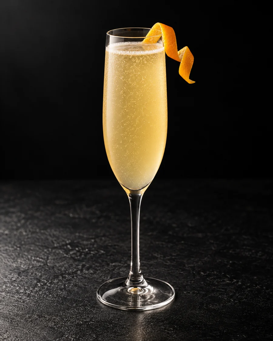 Pale golden Air Mail in a flute with fine bubbles and an orange twist, no ice.