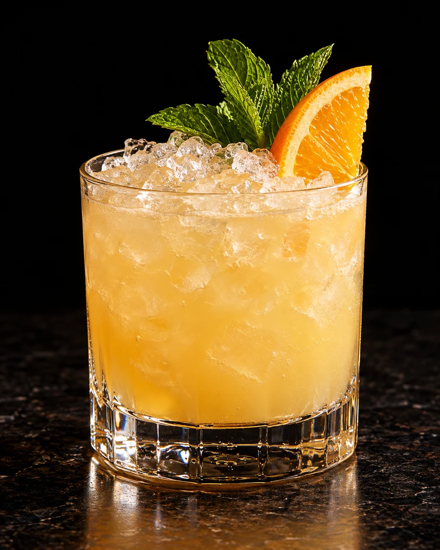 Akasaka Sour. Rocks glass with crushed ice, cloudy golden body, mint sprig and orange wedge.
