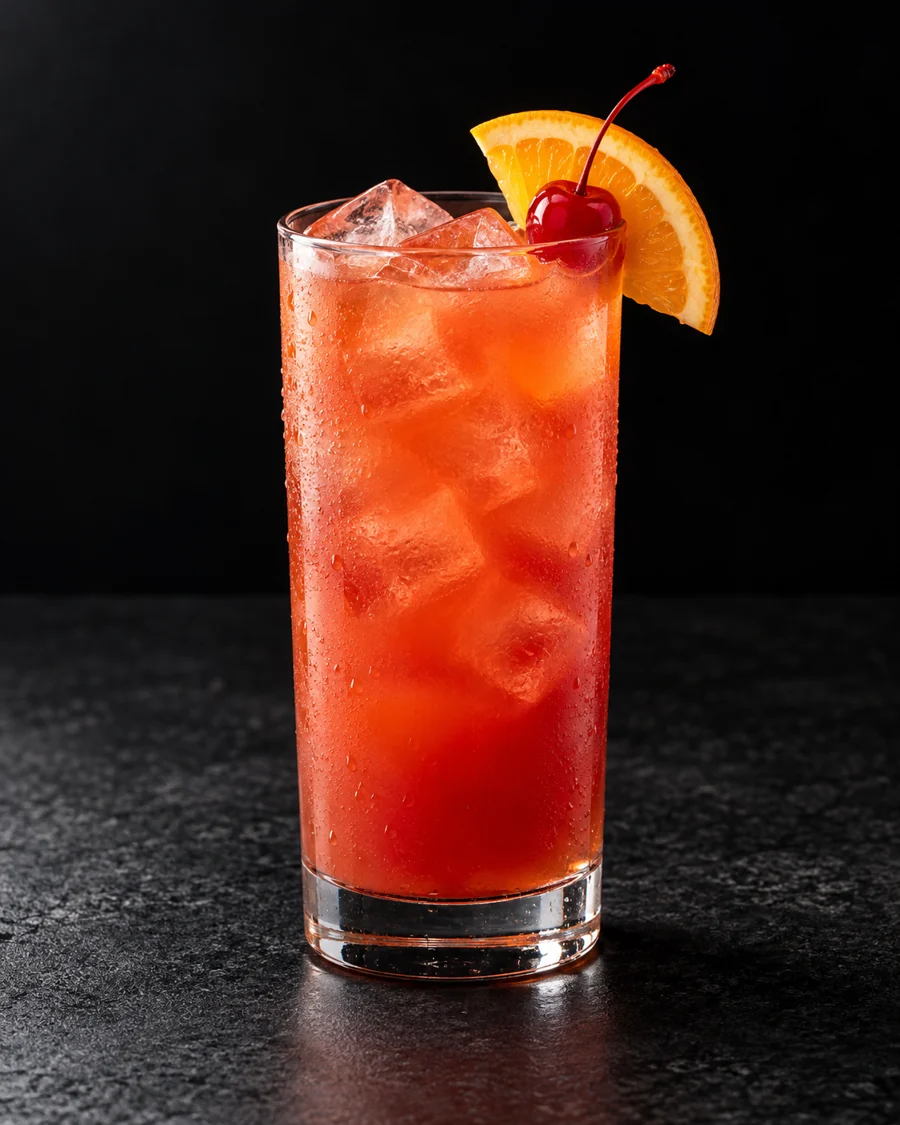 Cloudy red-orange Alabama Slammer over ice in a highball, orange wedge and cherry.