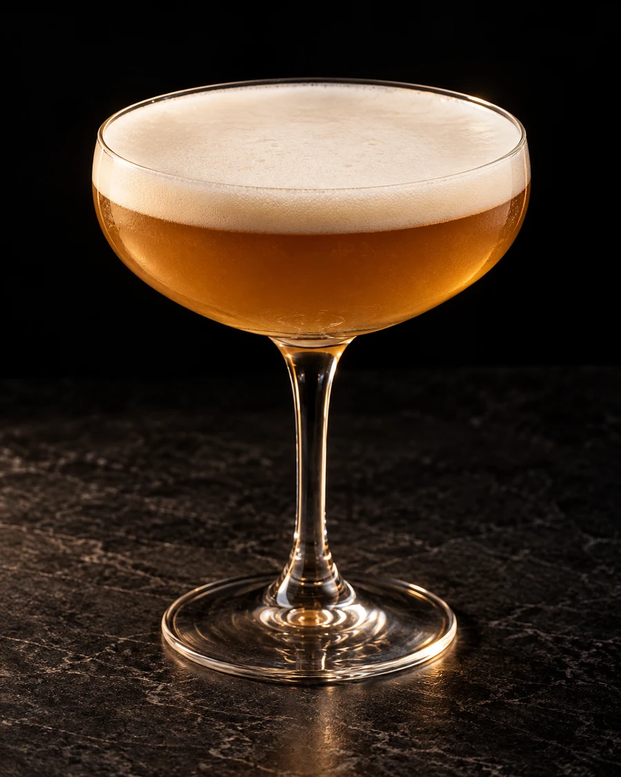Alamagoozlum in a coupe, served without ice, ungarnished, against a black background.