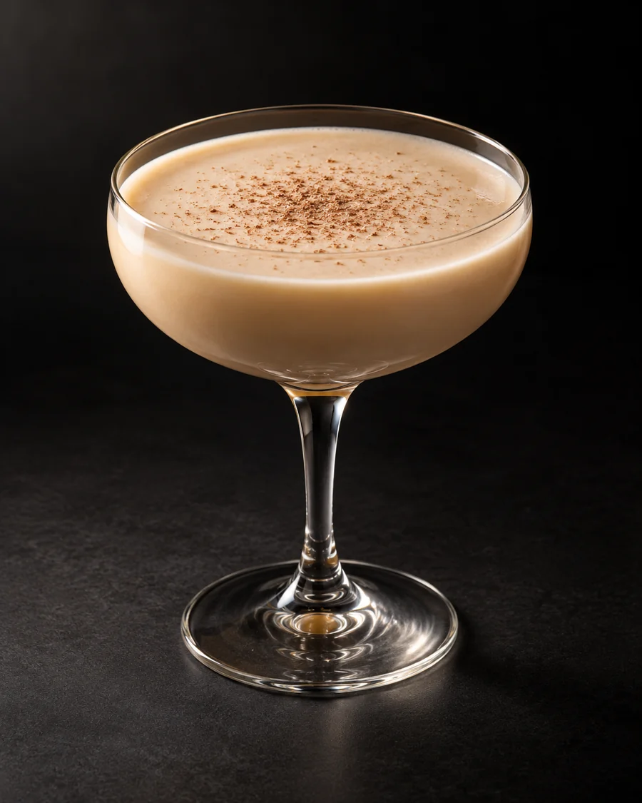 Alexander served in a coupe glass with a small pinch of freshly grated nutmeg against a black background.