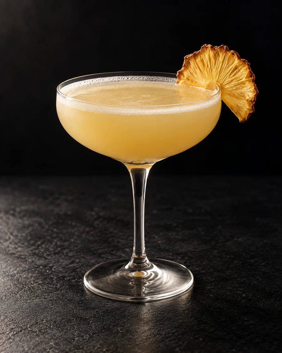 Pale golden cloudy cocktail in a coupe, no ice, dried pineapple slice.