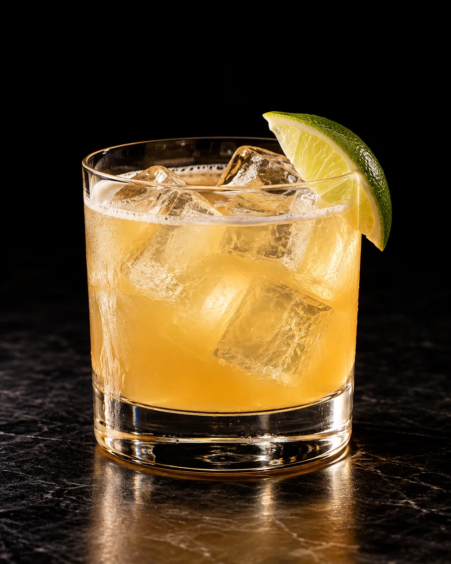 All-Night Vigil. Rocks glass, fresh cubed ice, cloudy golden body and lime wedge.