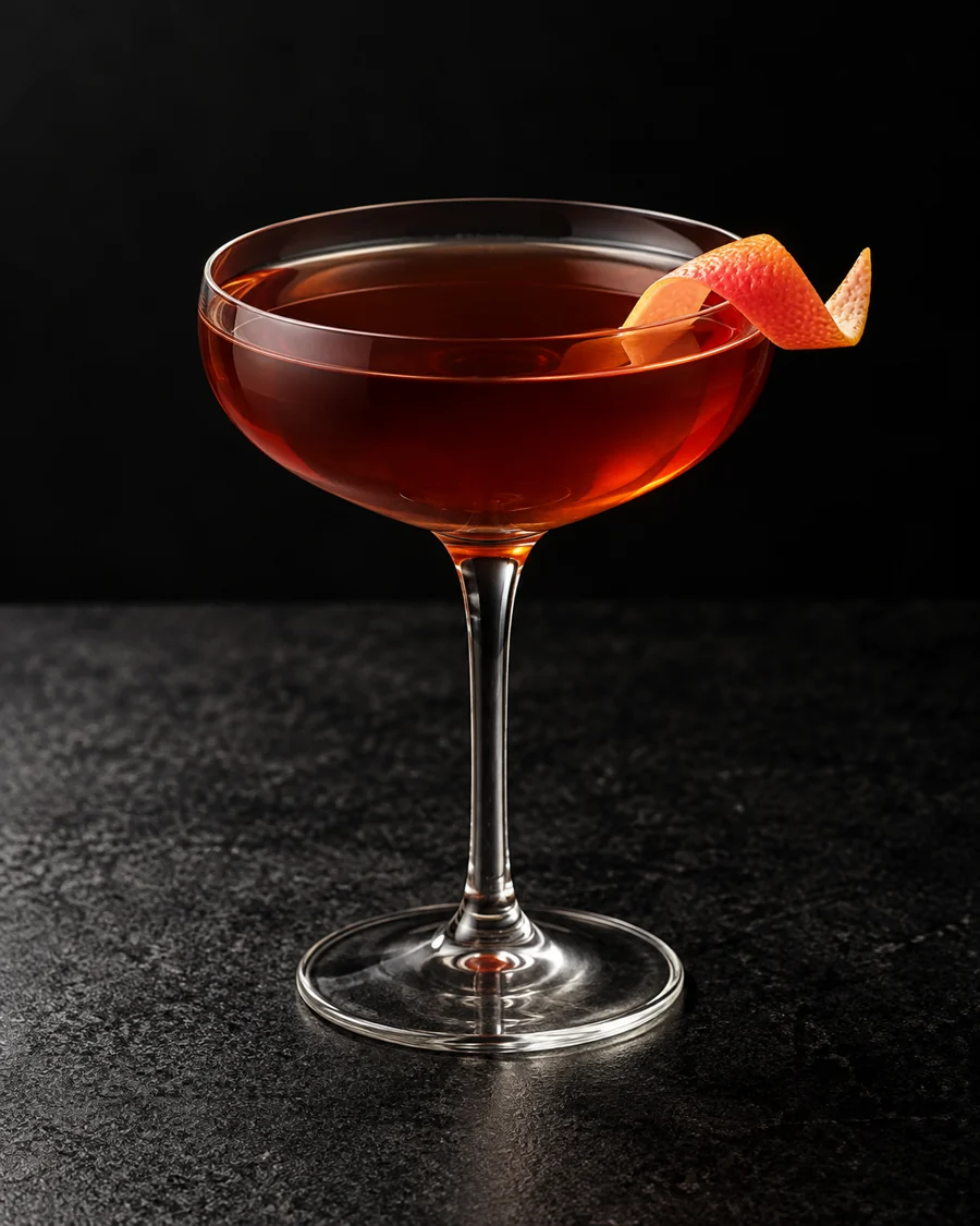 Clear deep reddish-brown All the Difference in a coupe with grapefruit twist, no ice.