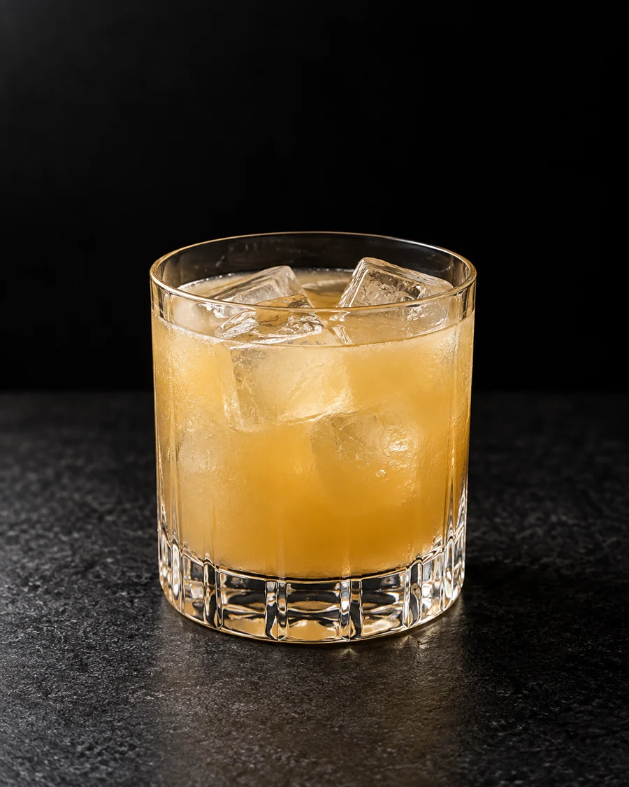 Cloudy pale amber Allsorts Inc. over ice in a rocks glass, no garnish.
