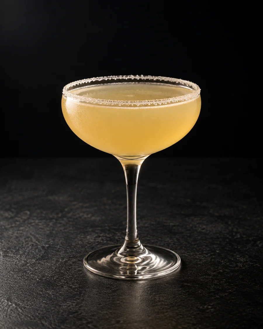 Pale golden Almond Blossom Crusta in a small coupe with a thin sugar rim, no ice.