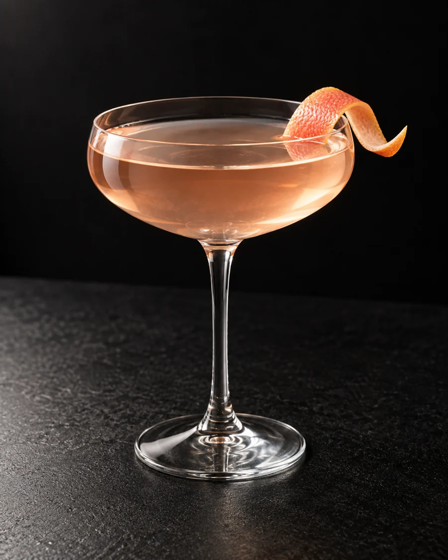Clear very pale rose-gold Alpen Rose in a coupe with grapefruit twist, no ice.